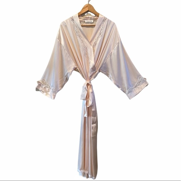 CHRISTIAN DIOR Long Silky Lace Trim Peach Robe - Picture 1 of 9